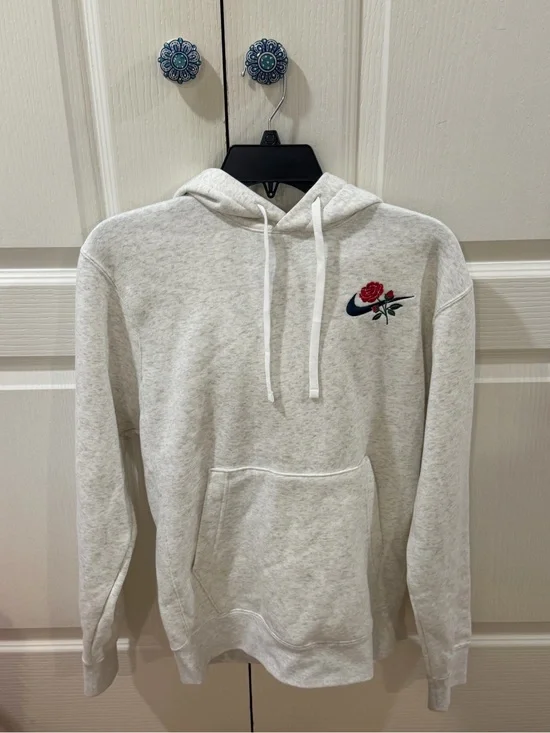 Nike Light Gray Hoodie with Red Rose and Navy Swoosh