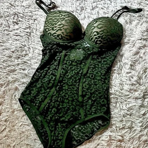 Rich Earthy Sheer Leopard Animal Print Y2K‎ Chic Bodysuit Lingerie Womens M Sexy
