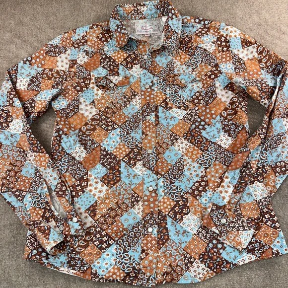 Panhandle Slim Womens XL Patchwork Floral Paisley Western Pearl Snap Shirt Blue