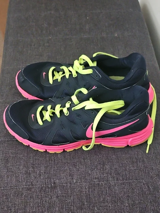 Nike Black Sneakers with Pink Swoosh and Neon Yellow Laces