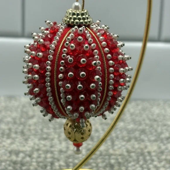 VTG Christmas Ornament Red Beaded Pins Lace MCM Shiny‎ Round Ball 3.5