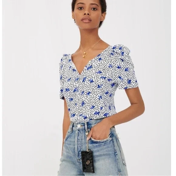 MAJE Lensam Floral Leaf Blue/White V-neck Short Puff Shoulder Blouse Size Small