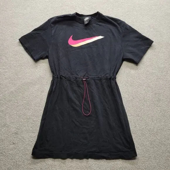Nike Womens S Black Swoosh T Shirt Dress Cinch Waist Short Sleeve Athletic
