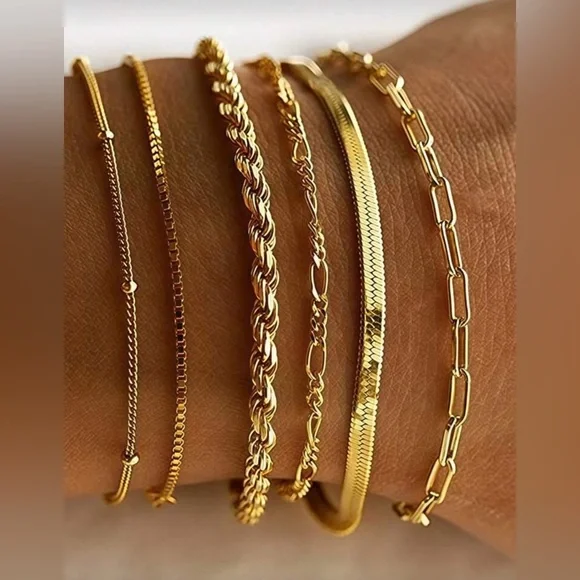 Gold Plated Stainless Steel 6PC Chain Bracelet Stack 8.5” Layered Set