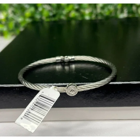 CHARRIOL 18K White Gold 0.05ct Diamond Stainless Steel  Wire Cable Bracelet Sz 7