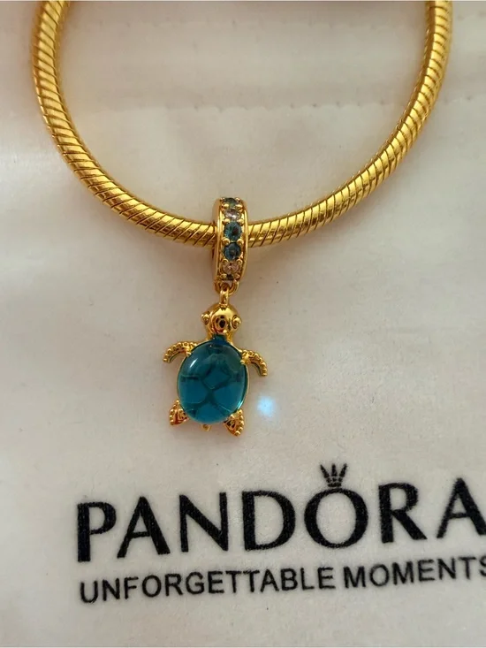 Pandora Gold Turtle Charm with Teal Stones