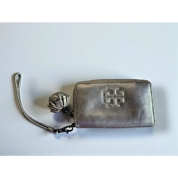 Tory Burch Metallic Champagne Pewter Colored Wristlet Wallet Leather With Tassel