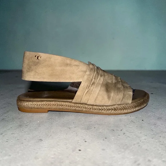 Tory Burch Tan Suede Ruched Espadrille Slingback Flat Sandals 7