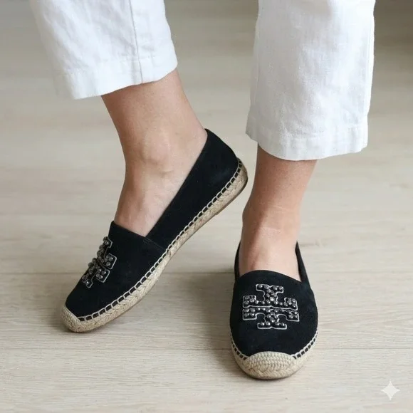 Tory Burch Embellished Jeweled Espadrille Flats Womens 11 Black Diamond‎ Suede