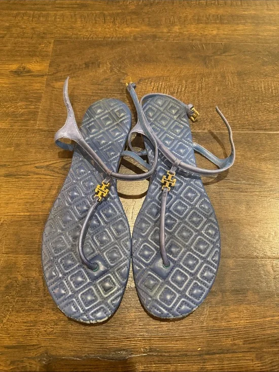 Tory Burch Navy T-Strap Sandals with Gold Logo