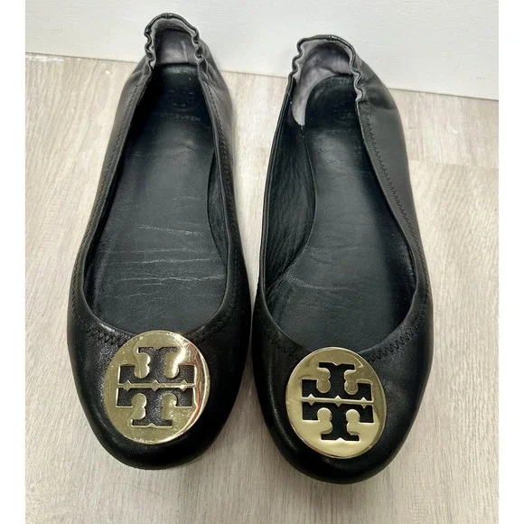 Tory‎ Burch Black Leather Ballet Flats Gold Logo Women Size 8.5