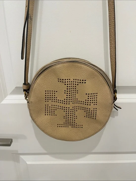 Tory Burch Tan Leather Round Crossbody Bag with Perforated Logo Detail-Preloved