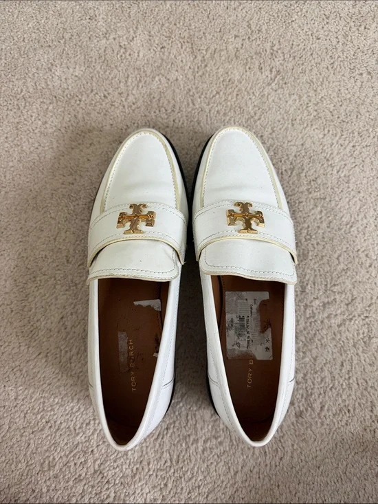 Tory Burch White Leather Loafers with Gold Emblem