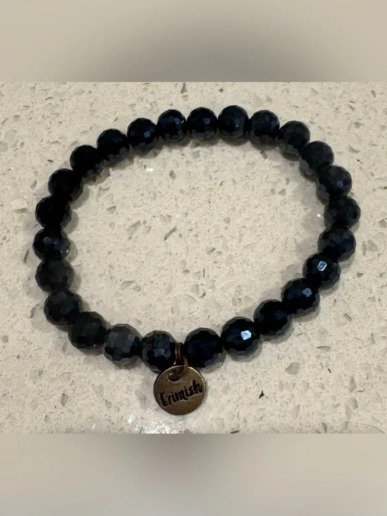 Erimish Black Faceted Bead Stretch Bracelet with Signature Charm