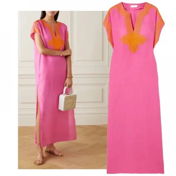 NWT Tory Burch Embroidered Linen Long Caftan Dress