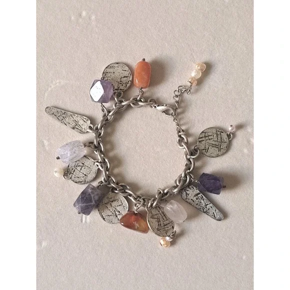 Boho Silver Tone Charm Bracelet Natural Stone Amethyst Carnelian Mixed Media