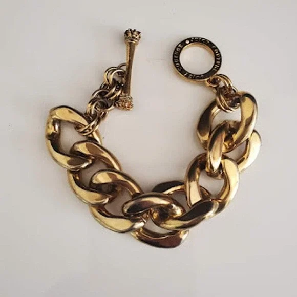 Juicy Couture Gold Tone Chunky Link Toggle Bracelet Crown Logo T-Bar 6 1/2 Inch