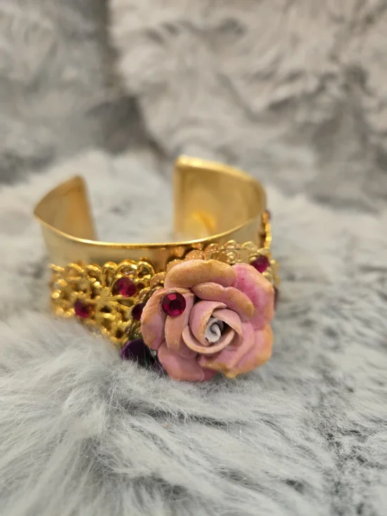 VTG Signed Jane Davis Brass Rose Filigree Cuff Bracelet