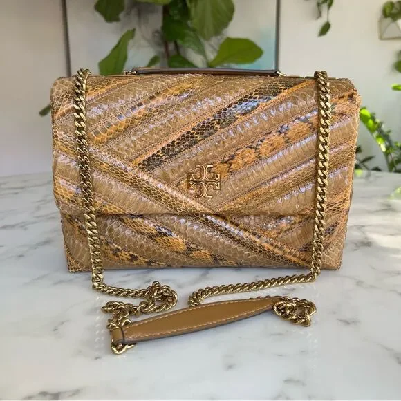 Tory Burch Kira Chevron Exotic Snakeskin Leather Convertible Shoulder Bag Tan