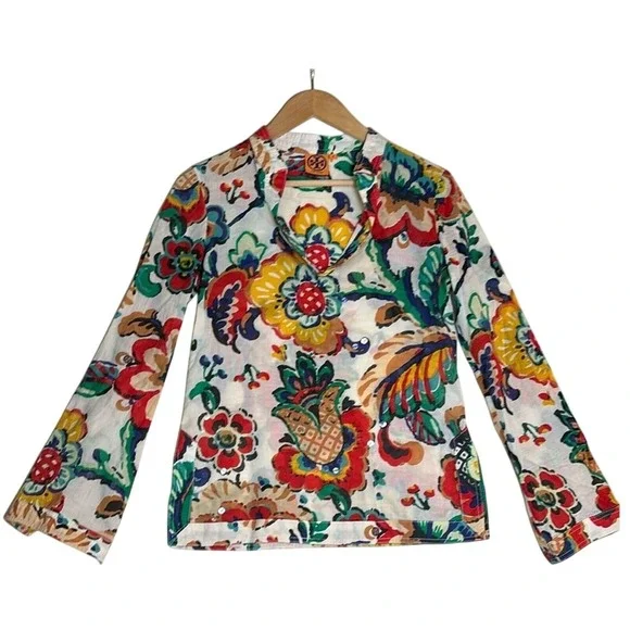 Tory Burch Floral Sequin Cotton Tunic Blouse Multi Color Size 0 Lightweight
