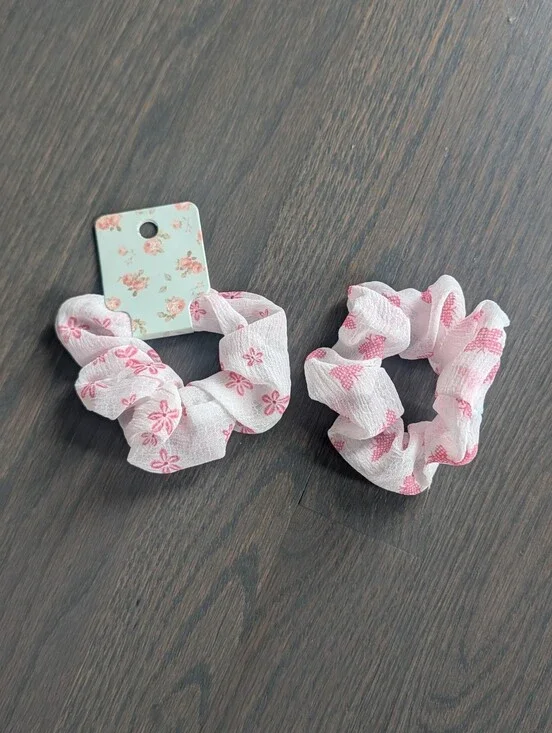 Set of 2 Pink Floral Chiffon Scrunchies / Hair Ties