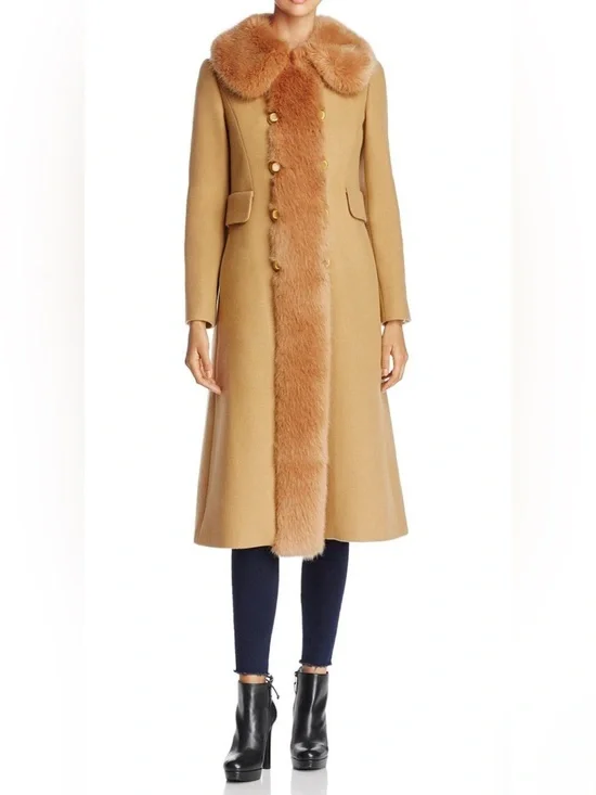 Tory Burch Celeste Coat Camel Faux Fur Collar Double Breasted Size 6