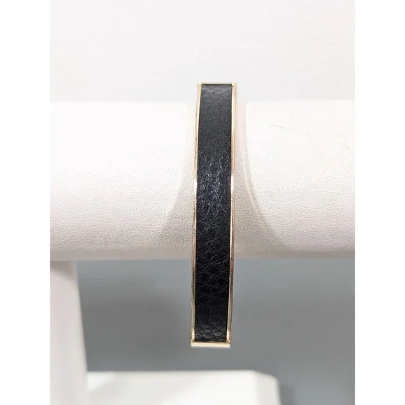 LOFT Black Leather Inlay Gold Tone‎ Hinge Bangle Bracelet 6.5 in