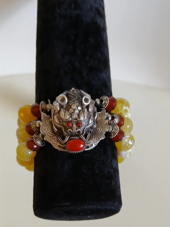 Silver Dragon Motif Yellow and Red Beaded Bracelet Nwt