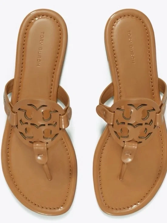 Tory Burch Miller Patent Leather Thong Sandals - Sand Color