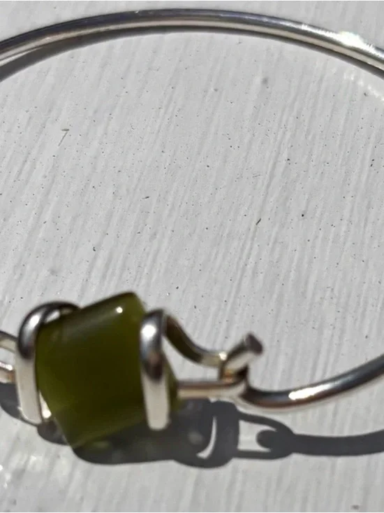 Olive Green Bead Silver Bangle Bracelet