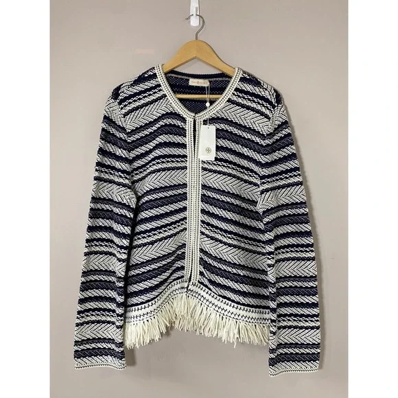 Tory Burch Payton Fringe Cardigan Navy Blue Ivory Stripe Blazer NWT Large $598