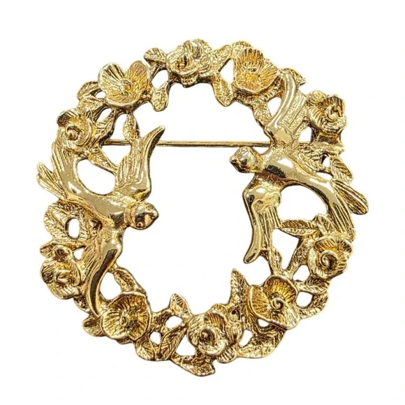 Vintage Gold Tone Bird and Rose Wreath Brooch Pin Nature Inspired Floral Wreath