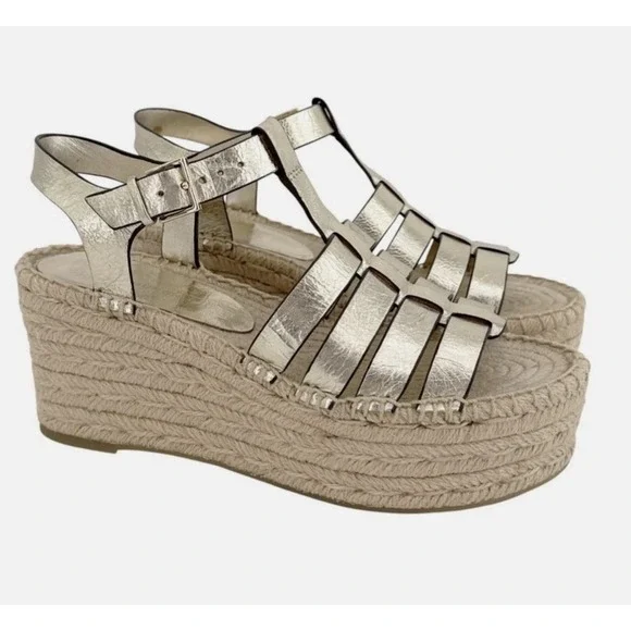 Tory Burch Fisherman Espadrille Platform Wedge Sandal in Spark Gold Sz-9 Boho
