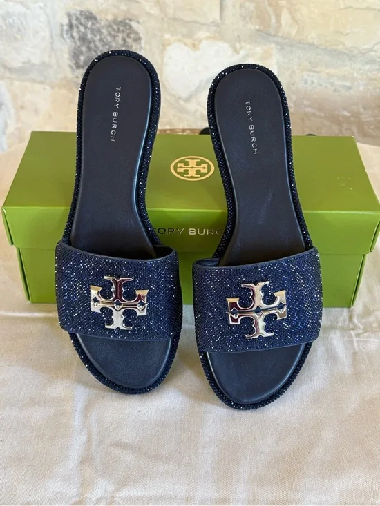 Tory Burch Navy Glitter Logo Slide Mules