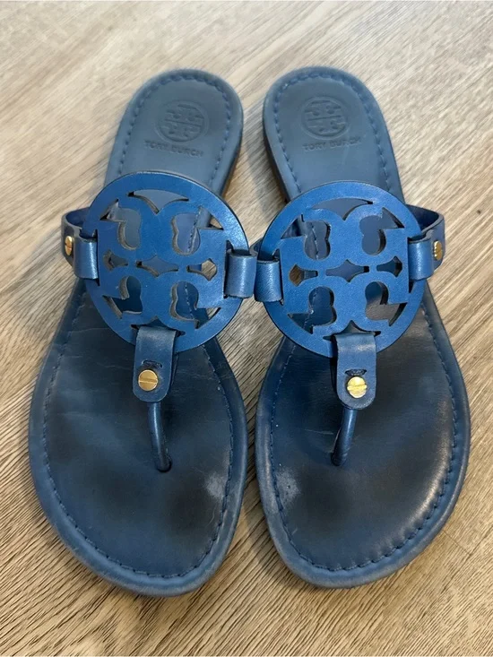 Tory Burch Blue Logo Cutout Leather Thong Sandals