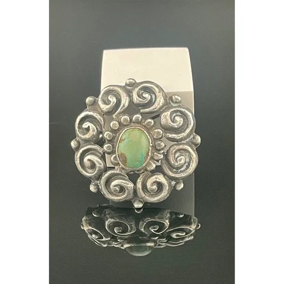 Antique Sterling‎ Silver Turquoise Spiral Brooch Early 1900s Southwest Style