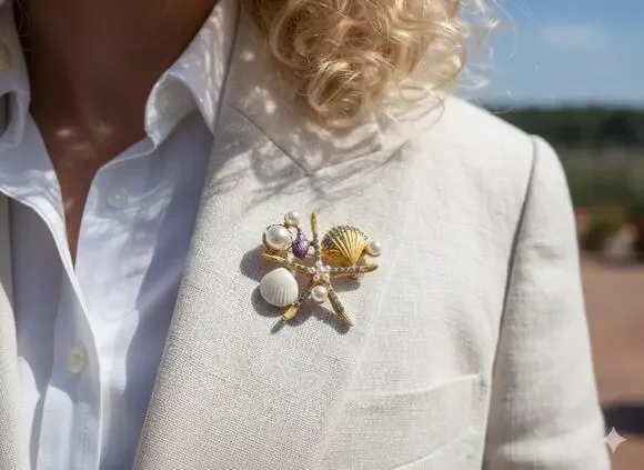 Anthropologie Pin Starfish Seashell Brooch Pearl Enamel Sea Star Coral CZ Shell