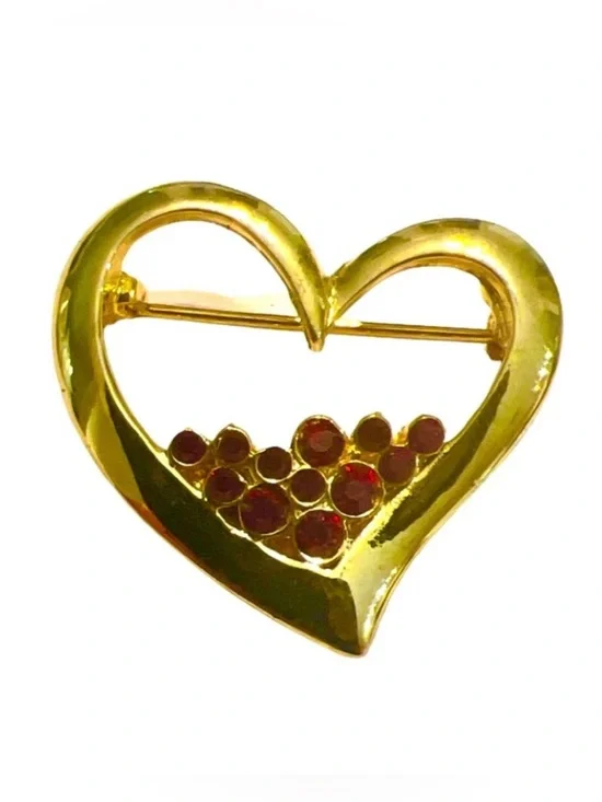 1980’s Vintage Gold Heart Brooch with Red Faux‎ Ruby Stones, 1.25”, Valentines