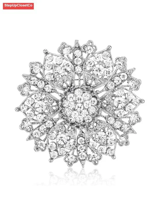 Crystal Rhinestone Flower Brooch Pin for Women Sweater Cardigan Coat