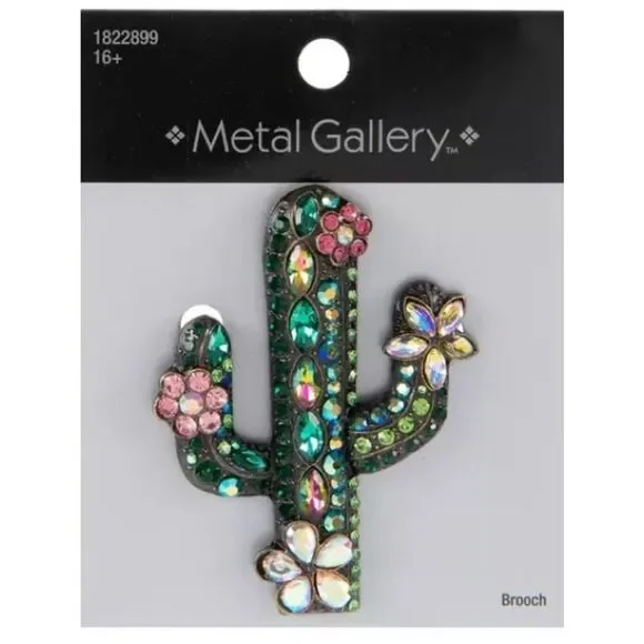 New Metal Gallery Jeweled Cactus Brooch - Green & Pink