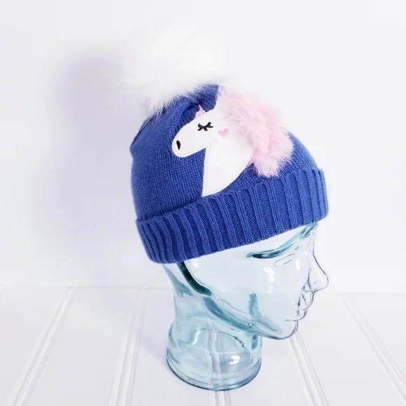 Emma & Elsa Girls Unicorn Beanie 4-6X Pom Pom Faux Fur Cozy Winter Knit Hat Blue