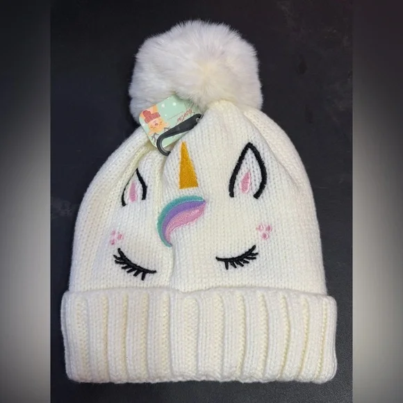 Unicorn Knit Beanie with Pom Pom - White