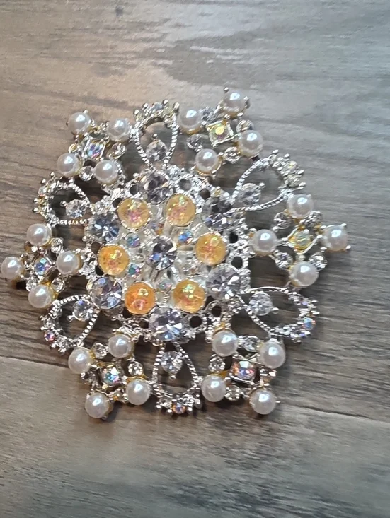 Gold and Pearl Statement Brooch with Iridescent Crystals