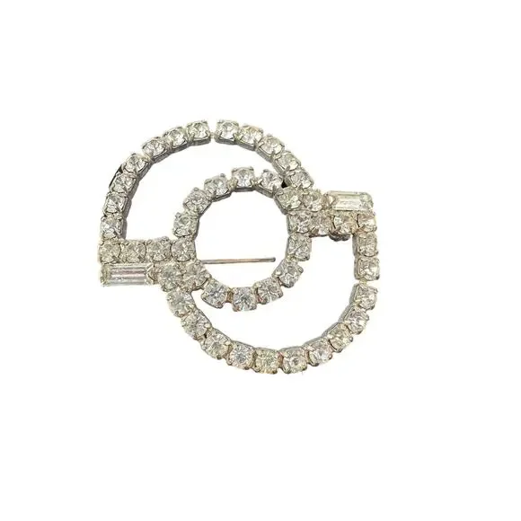 Vintage Rhinestone Encrusted Silvertone Pin Brooch Semi Circles