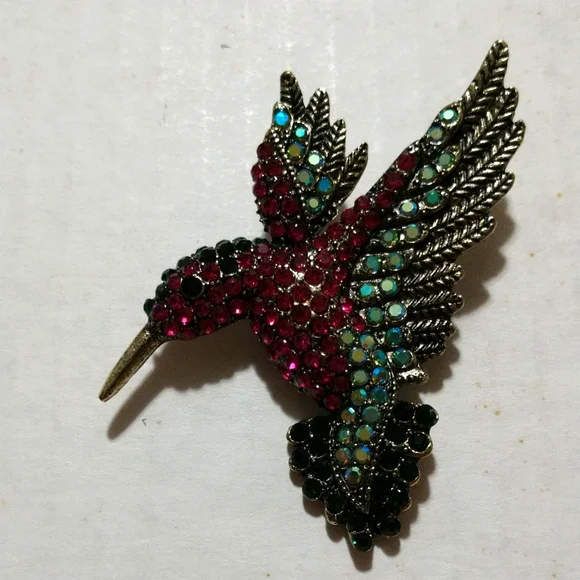 Hummingbird Deluxe Handcrafted Rhinestone Brooch Pin/Pink & Teal Vintage 3