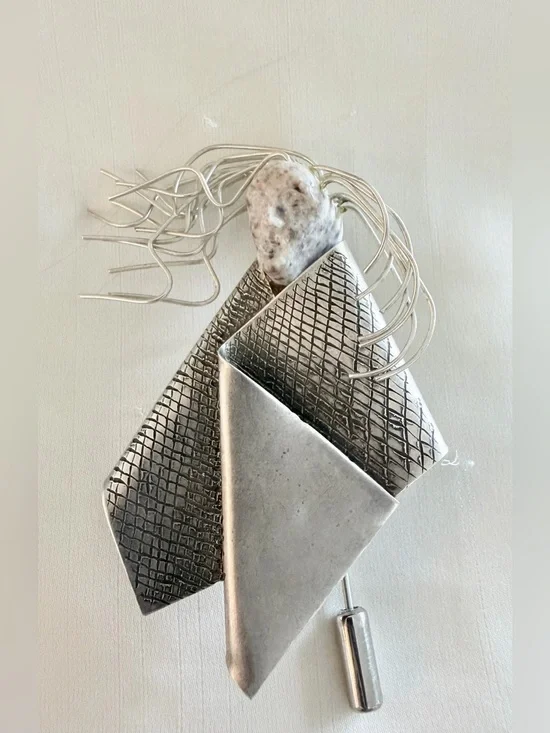 Sculptural Pin From Cherokee Artist/Storyteller J Pinkeye. Sterling Silver Stone