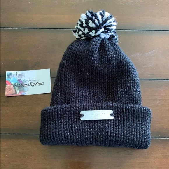 New!! Hand knitted Black Beanie Hat