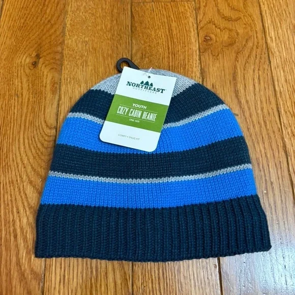 Northeast Outfitters Youth Cozy Cabin Beanie Blue‎ Striped Fleece Lined CCAYH403