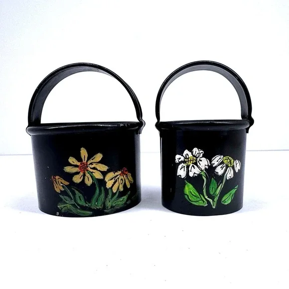 Vintage Hand‎ Painted Mini Tin Pails Buckets Floral Black Toleware Set of 2