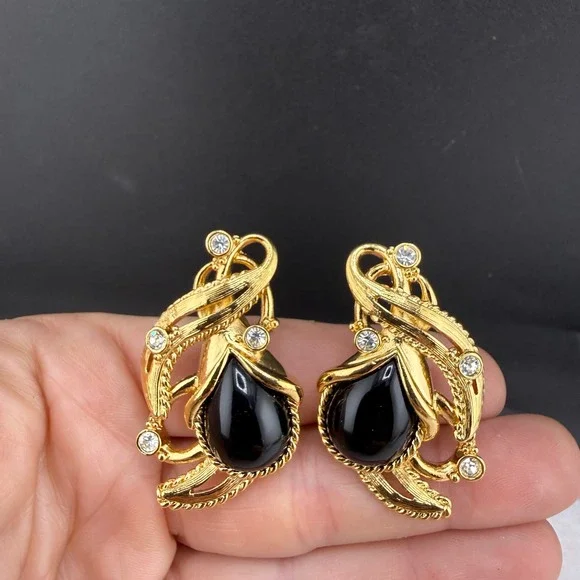 Vintage Barrera Avon Earrings Gold Black Teardrop Rhinestone Clip On